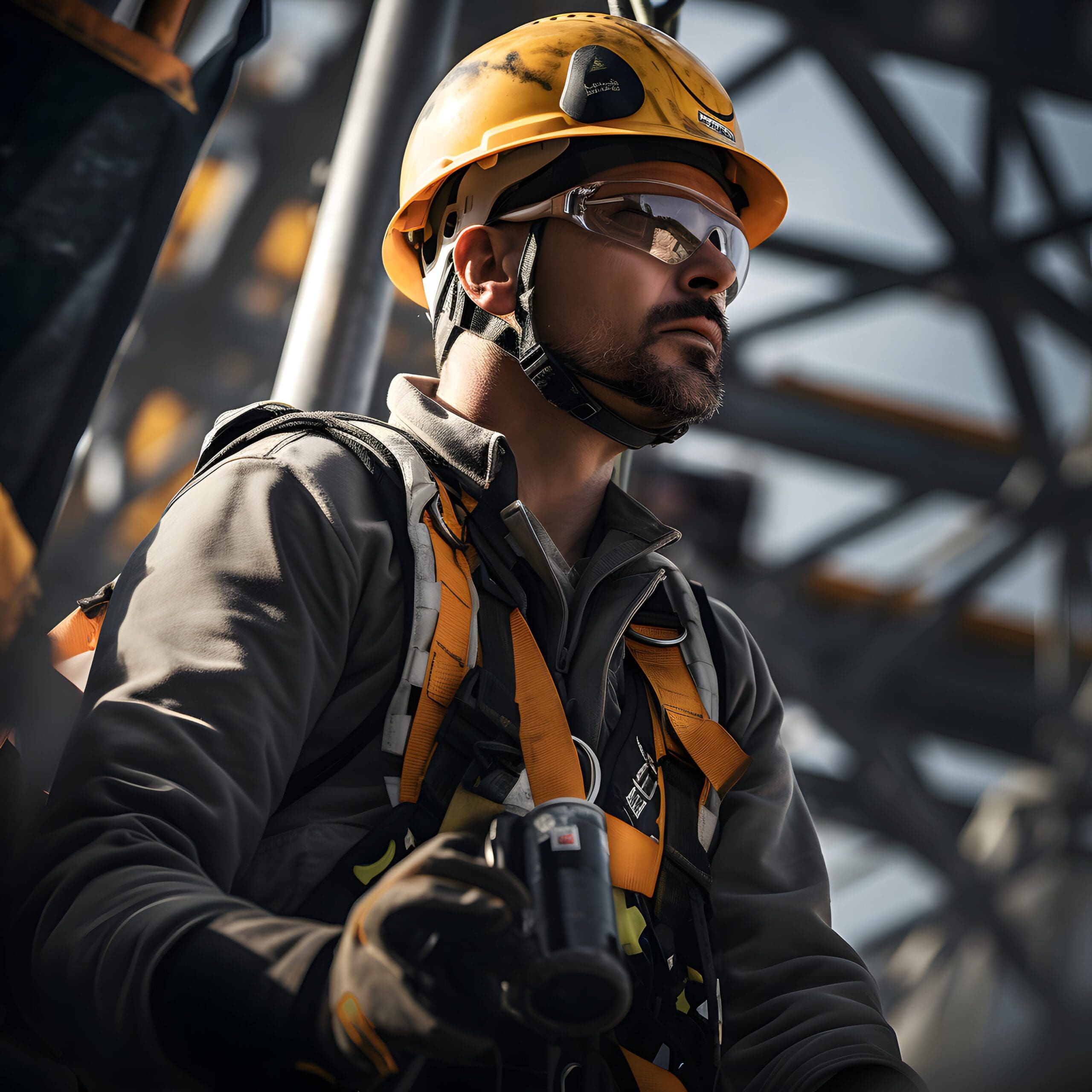 Worker on elevated platform strapped into a safety harness with scaffolding structure in the background.