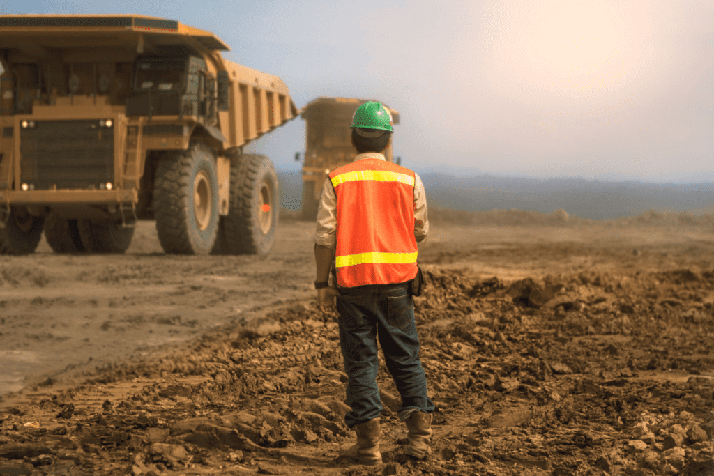 Statutory Supervisor wearing PPE standing in moved earth looking at Articulated haul dump truck.