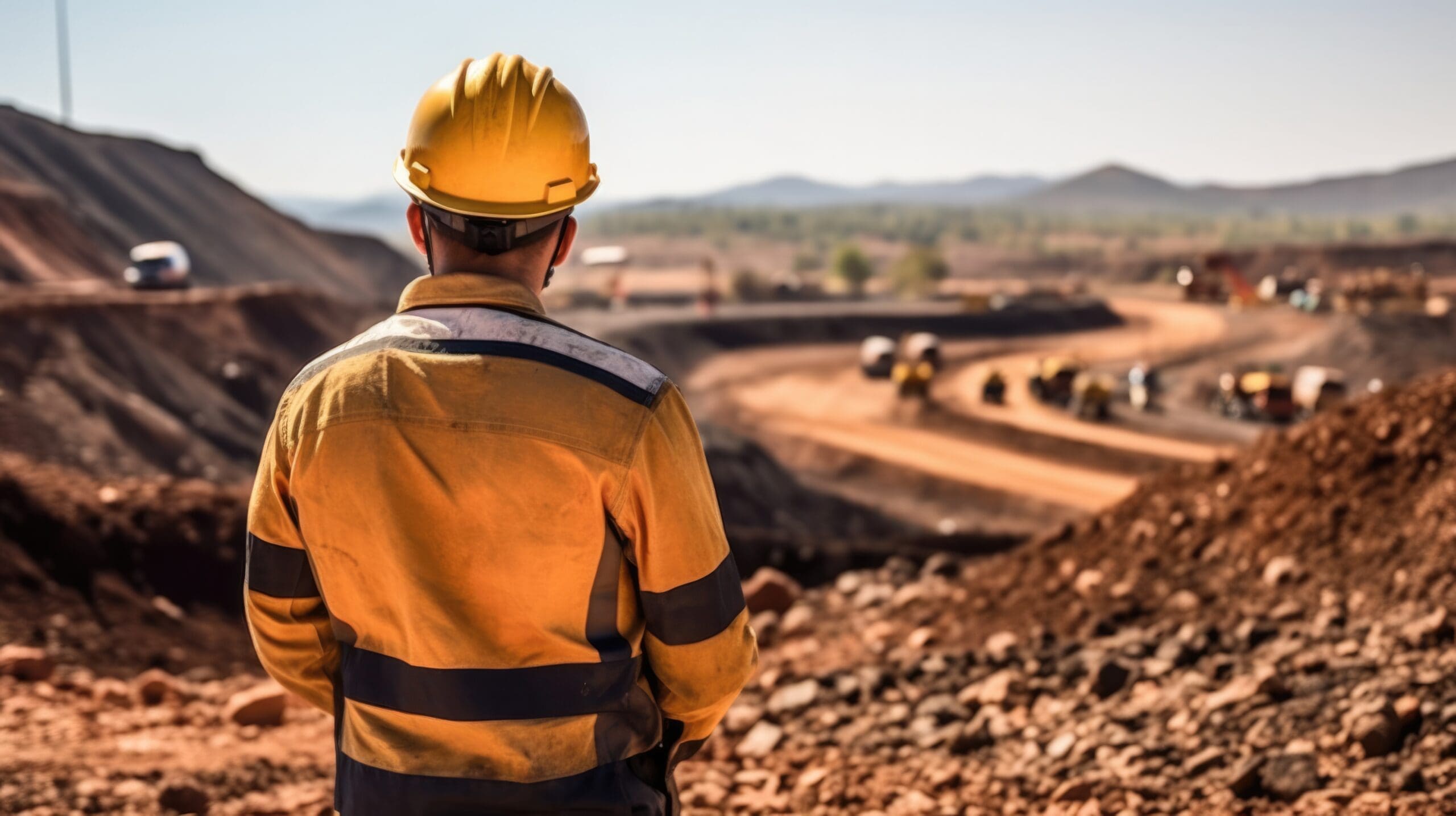 mining engineer standing at a mine site wearing protective clothing and a hard hat at a mine site generative ai