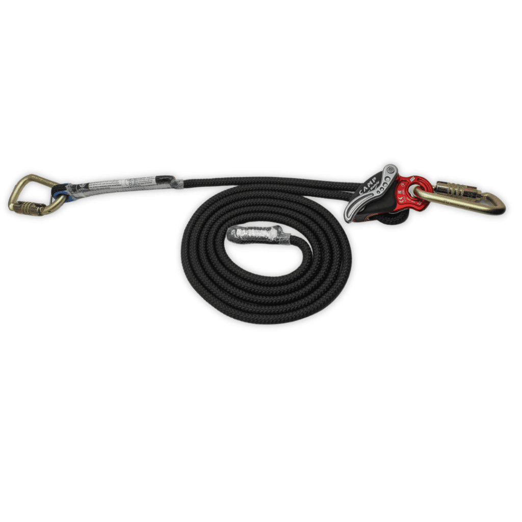 Restraint technique lanyard with CAMP Safety Druid descender, karabiners, and coiled black rope for fall protection and self-recovery