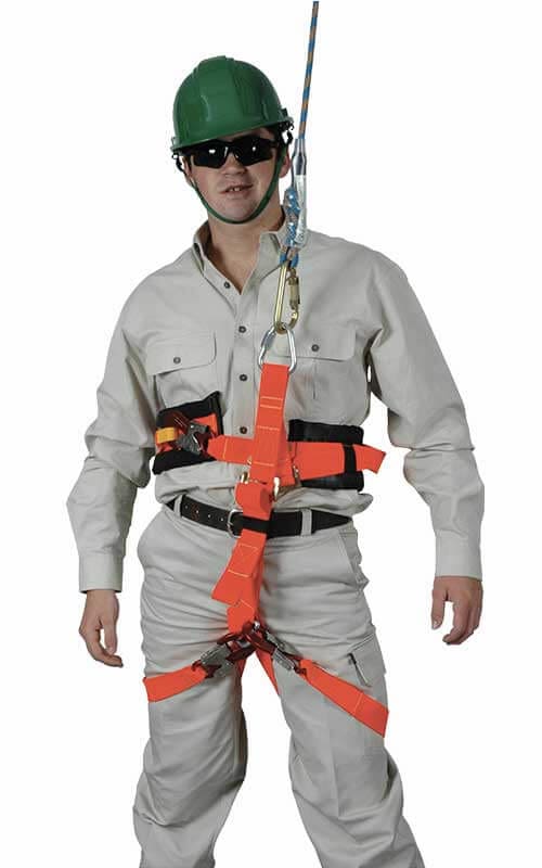 Person wearing a Saferight Rescue Strop with removable leg loops and chest strap, suited for confined space and vertical rescue operations