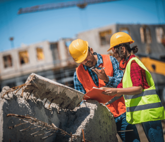 Two construction workers in safety gear discussing over a clipboard at a construction site. Incident Management Training.
