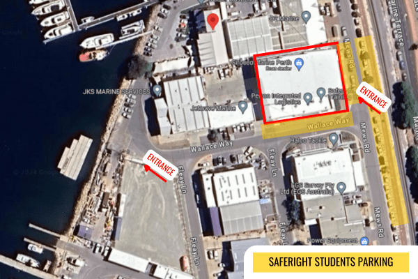 Aerial view of Saferight's Fremantle training facility, highlighting the designated student parking area and marked entrances on Mews Road and Wallace Way.