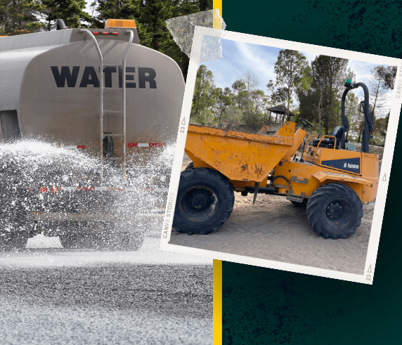 "Promotional collage for a training course featuring two construction vehicles. On the left, a water truck labeled 'WATER' spraying water on a road, symbolizing dust control or road cleaning. On the right, an inset photo shows a yellow articulated dump truck on a construction site, demonstrating its rugged capabilities. The layout uses a dynamic, overlapping style with a blue and yellow border, highlighting the practical training covered in the course