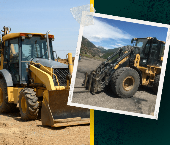Marketing image for a combo training course featuring two types of construction equipment. On the left, a front-end loader with a yellow cab and attached bucket is positioned on a work site. On the right, an integrated tool carrier, also in yellow, equipped with multiple attachments, is displayed against a mountainous background. The collage-style layout with a blue and yellow border highlights the versatility and utility of the machinery for the course