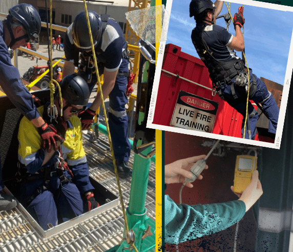 Working at Heights and Confined Spaces and Gas Testing Course. Saferight students training in confined space entry, gas testing, and working at heights using PPE, rescue equipment, and gas monitors.