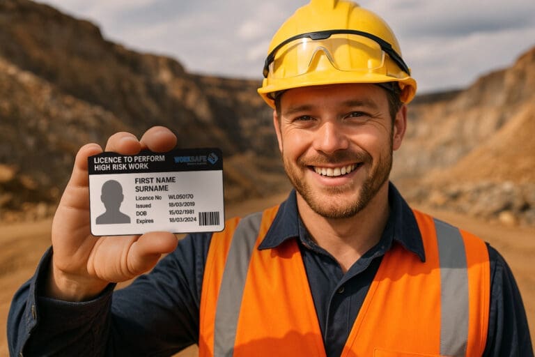 Earthmoving Equipment Crane Licence WA: A smiling construction worker in a yellow hard hat and orange high-visibility vest stands on a mining site, holding a WorkSafe WA high-risk work licence card for earthmoving equipment crane clearly facing the camera.