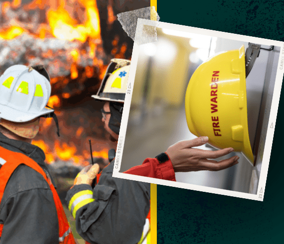 Two fire wardens in full gear stand in front of a blazing fire, communicating with radios, representing emergency coordination. Overlaid is a smaller image of a hand placing a yellow hard hat labeled "FIRE WARDEN" onto a wall hook. The image promotes Saferight's Chief Fire Warden and Fire Warden combo training course.