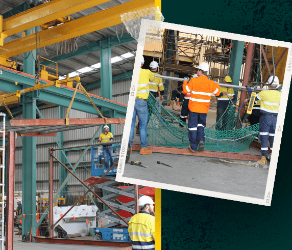 Basic and Intermediate Rigging Course Perth WA. Dogman and riggers coordinating load lift on work site with steel frame