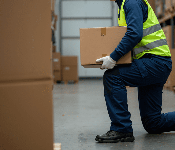 In the manual handling training course, a Worker wearing hi-vis vest and gloves demonstrating safe manual handling technique by lifting a box correctly during face-to-face training in Perth