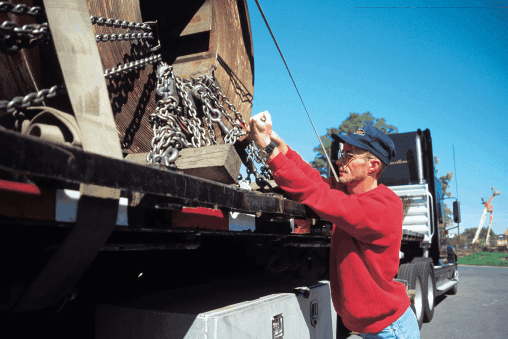 A worker securing a heavy load on a flatbed truck using chains and straps to ensure safe transport.