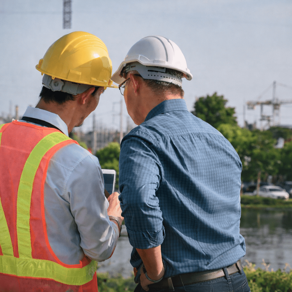 Two industry professionals in safety gear reviewing plans on a tablet at a construction site, representing vocational training and workplace learning.