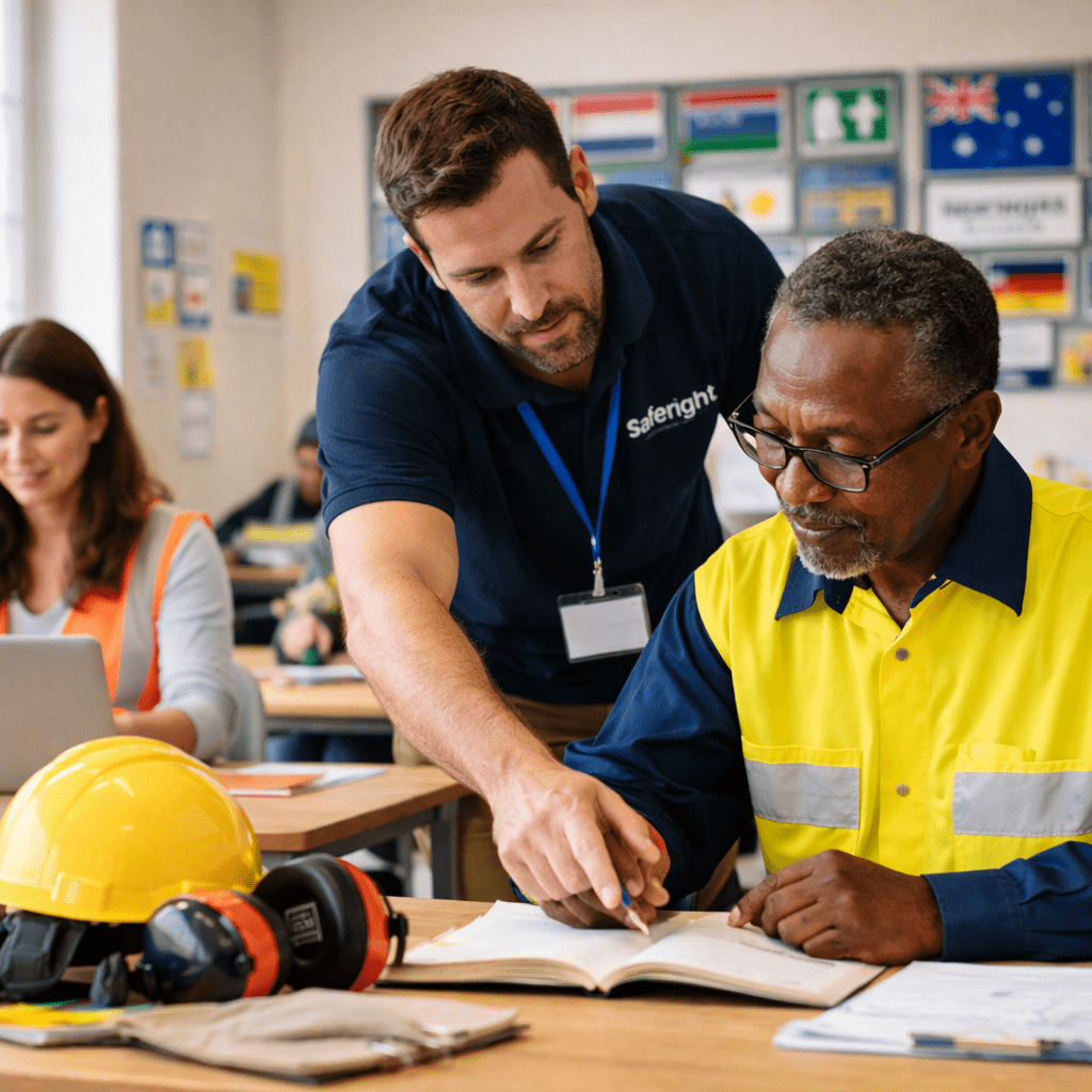 Trainer supporting an adult learner during foundation skills training in an Australian safety training classroom.