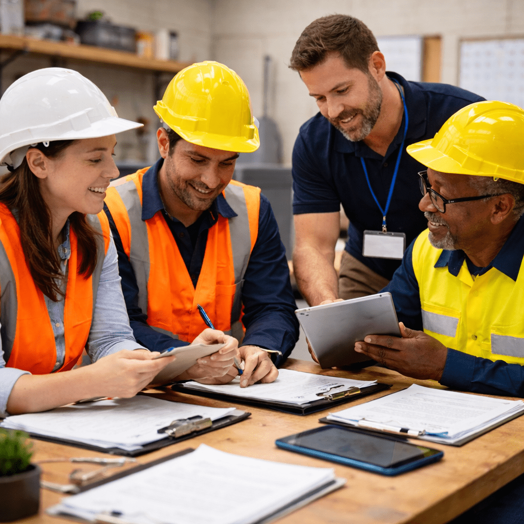 Trainer supporting workers during a practical assessment activity in a vocational training environment.