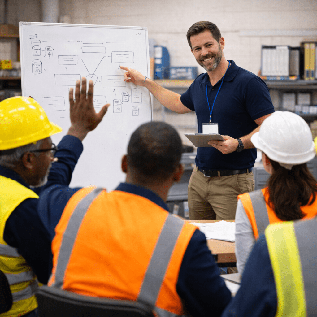 Trainer facilitating a practical training session with workers in an industry learning environment.